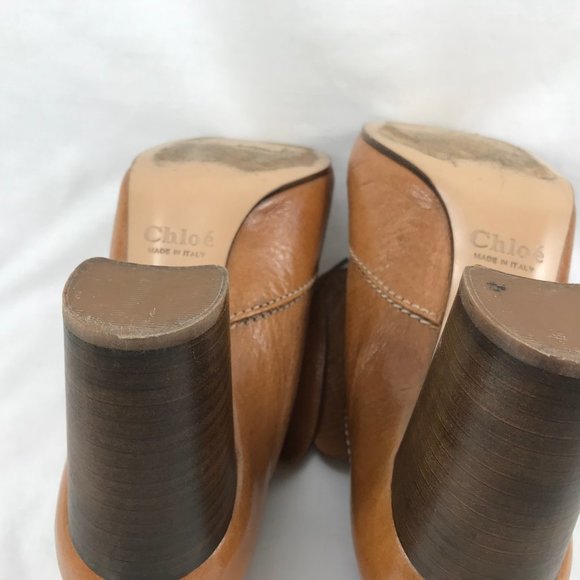 Chloe Tan Leather Lace Up Kiltie Bootie Stacked Heel Pumps Made in Italy - Picture 9 of 10